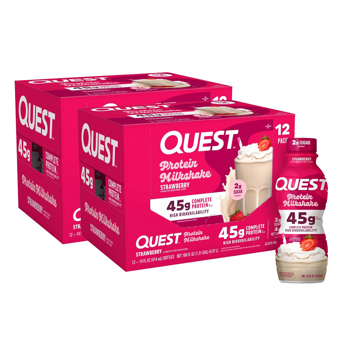 Quest Nutrition Strawberry Protein Shake, 45g Protein, 2g Sugar, 4g Net Carbs, Ready to Drink, Gluten Free, 12 Count