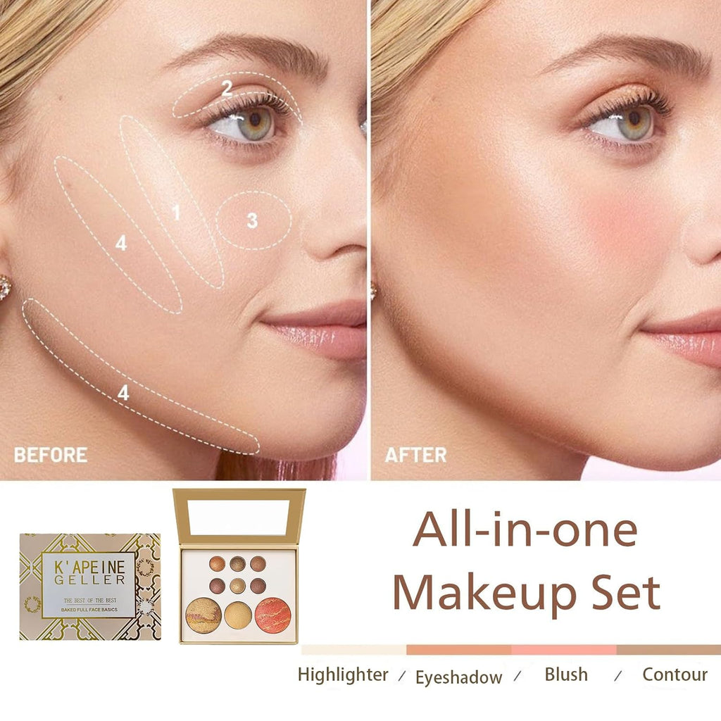 K'APEINE All-in-One Makeup Palette, 9 Colors Dark Brown Baked Face Kit Includes Eyeshadow, Blush, Highlighter & Bronzer | Sun-Kissed Intense Contour Set for Women - 02#