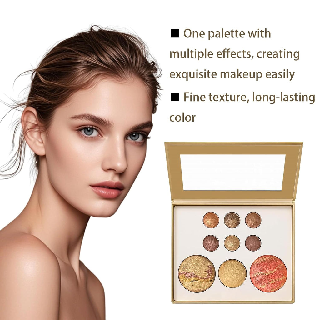 K'APEINE All-in-One Makeup Palette, 9 Colors Dark Brown Baked Face Kit Includes Eyeshadow, Blush, Highlighter & Bronzer | Sun-Kissed Intense Contour Set for Women - 02#