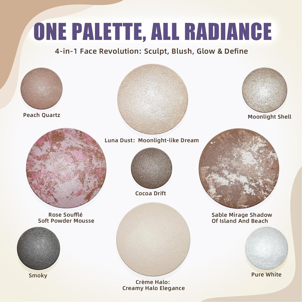 9 Colors Baked Makeup Palette, 4 in 1 Make up Palette with Bronzer, Blush,Highlighters,Eyeshadows,Highly Pigmented& Long-Wearing Formulas Travel-Friendly Beauty Essential