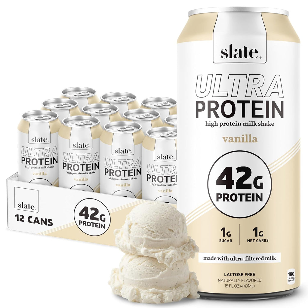 Slate Milk - Ultra Protein Shake - Vanilla - 42g Protein, 1g Sugar, 180 Calories, 1g Net Carbs - Lactose Free, No Added Sugar - Made with Ultra Filtered Milk - Breakfast Boost, Post Workout - 15 fl oz, 12 Cans