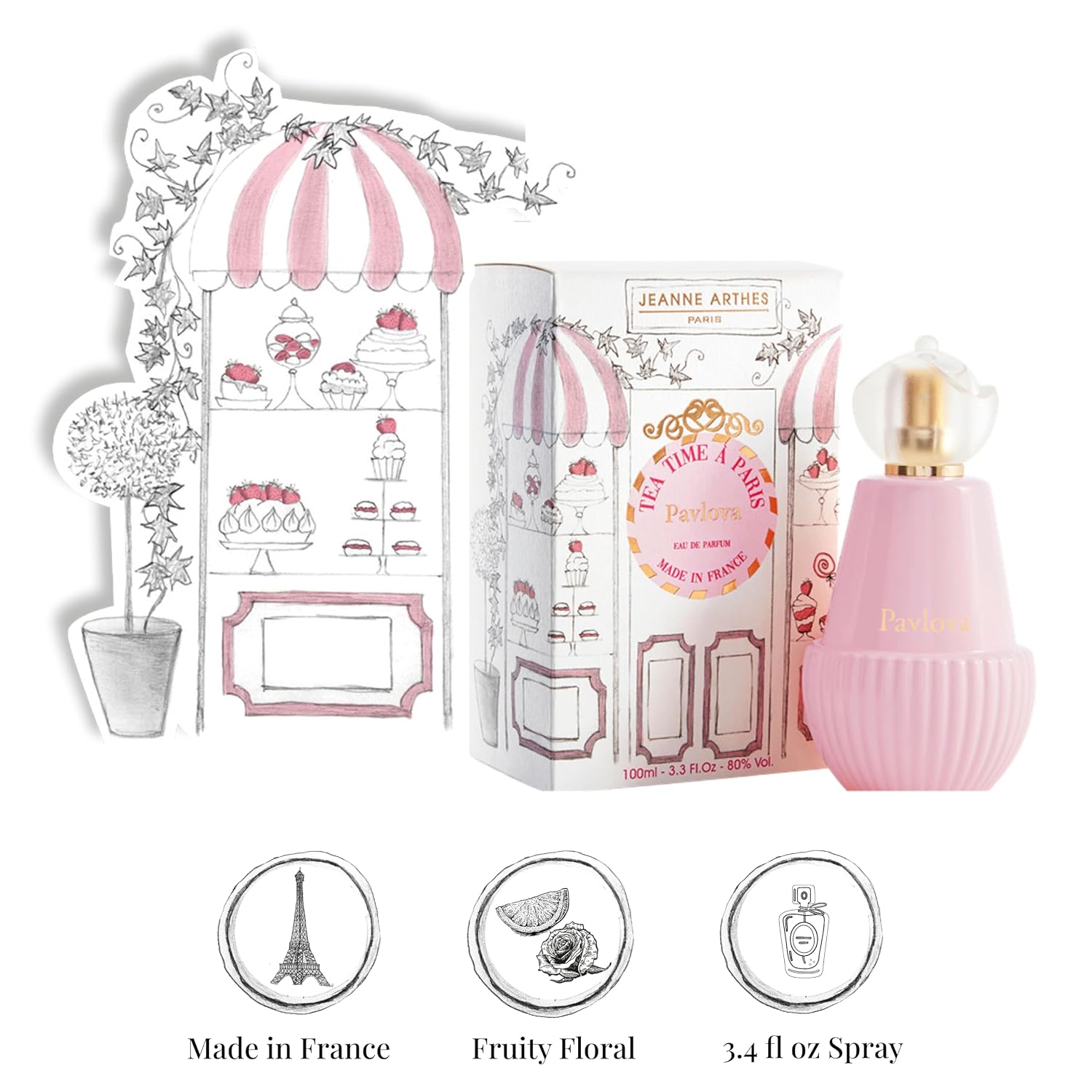 Jeanne Arthes - French Way of Life, Tea Time À Paris, Pavlova Eau De Parfum, Spray Perfume for Women, Fruity Floral Scent, Notes of Strawberry, Candied Apple, Made in France, 3.38 fl.oz